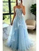 Blue Beaded Lace and Tulle Long Formal Dress