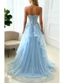 Blue Beaded Lace and Tulle Long Formal Dress