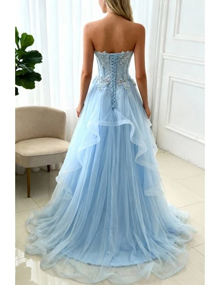 Blue Beaded Lace and Tulle Long Formal Dress