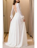 White Chiffon Aline Wedding Dress With Long Sleeves And Scoop Neckline