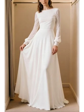 White Chiffon Aline Wedding Dress With Long Sleeves And Scoop Neckline