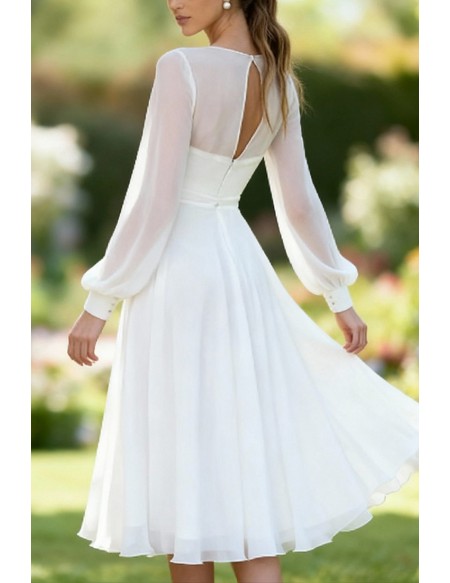 Elegant White Chiffon Tea Length Wedding Dress With Sheer Bell Sleeves