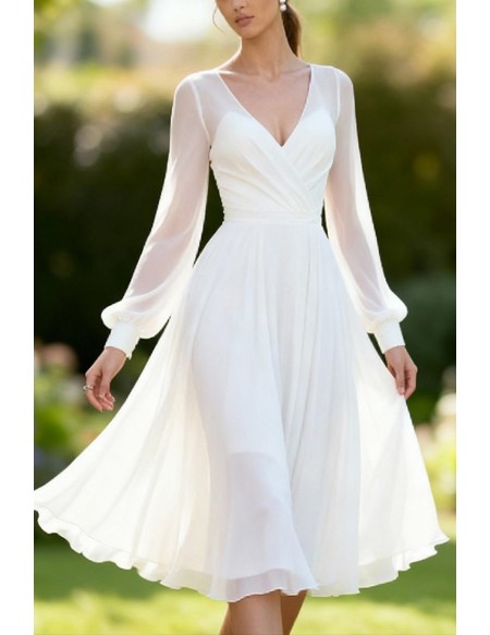 Elegant White Chiffon Tea Length Wedding Dress With Sheer Bell Sleeves