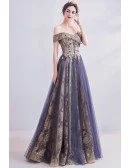 Classical Gold With Purple Tulle Prom Dress With Off Shoulder