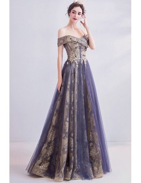 Classical Gold With Purple Tulle Prom Dress With Off Shoulder