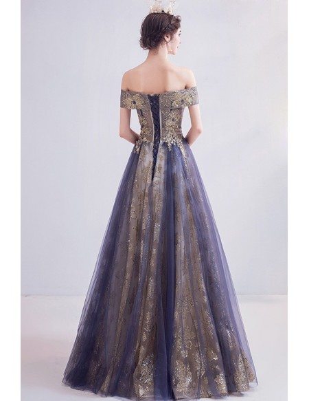Classical Gold With Purple Tulle Prom Dress With Off Shoulder
