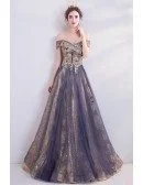 Classical Gold With Purple Tulle Prom Dress With Off Shoulder