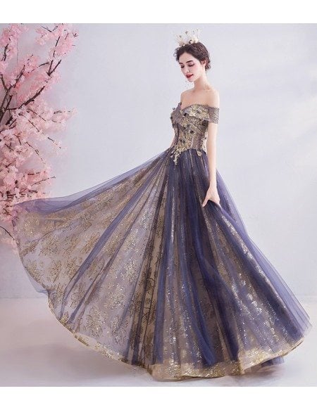 Classical Gold With Purple Tulle Prom Dress With Off Shoulder
