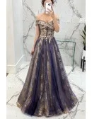 Classical Gold With Purple Tulle Prom Dress With Off Shoulder