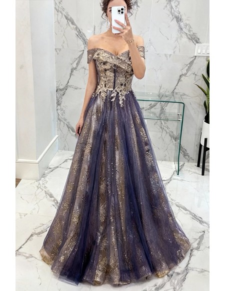 Classical Gold With Purple Tulle Prom Dress With Off Shoulder