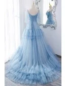 Fairytale Blue Pleated Long Tulle Prom Dress With Flowers