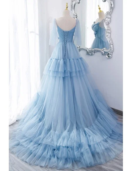 Fairytale Blue Pleated Long Tulle Prom Dress With Flowers