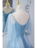 Fairytale Blue Pleated Long Tulle Prom Dress With Flowers