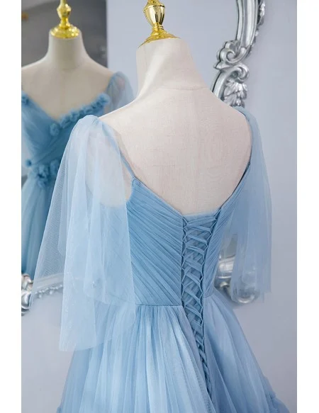 Fairytale Blue Pleated Long Tulle Prom Dress With Flowers
