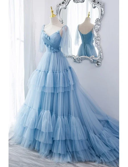 Fairytale Blue Pleated Long Tulle Prom Dress With Flowers