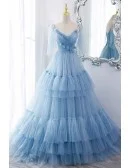 Fairytale Blue Pleated Long Tulle Prom Dress With Flowers
