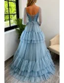 Fairytale Blue Pleated Long Tulle Prom Dress With Flowers