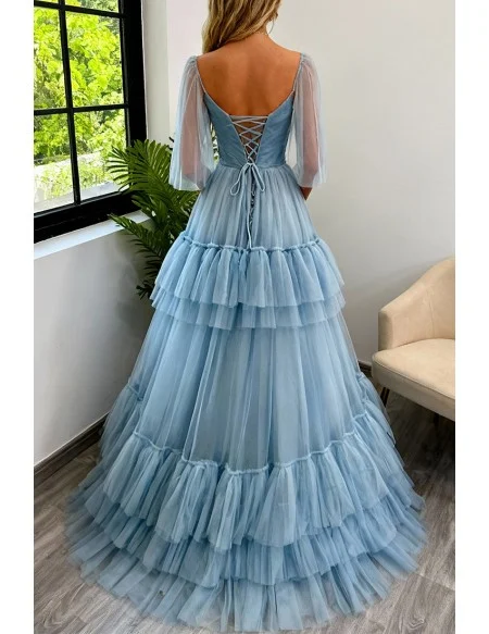 Fairytale Blue Pleated Long Tulle Prom Dress With Flowers