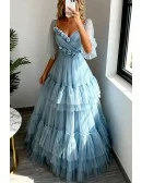 Fairytale Blue Pleated Long Tulle Prom Dress With Flowers