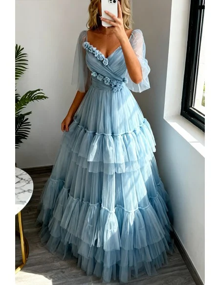Fairytale Blue Pleated Long Tulle Prom Dress With Flowers