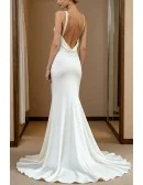 Simple White Vneck Backless Wedding Dress With Spaghetti Straps