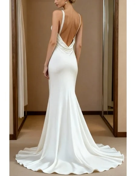 Simple White Vneck Backless Wedding Dress With Spaghetti Straps