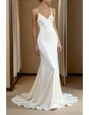 Simple White Vneck Backless Wedding Dress With Spaghetti Straps