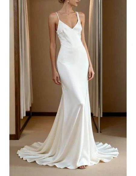Simple White Vneck Backless Wedding Dress With Spaghetti Straps