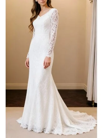Mermaid Lace Long Sleeved Wedding Gown with Sweep Train
