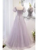 Purple Square Neck Sequined Tulle Prom Dress With Bling Short Sleeves