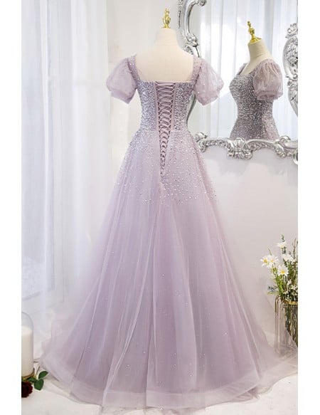 Purple Square Neck Sequined Tulle Prom Dress With Bling Short Sleeves