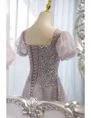 Purple Square Neck Sequined Tulle Prom Dress With Bling Short Sleeves