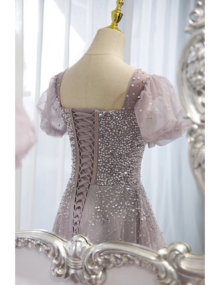 Purple Square Neck Sequined Tulle Prom Dress With Bling Short Sleeves