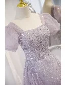 Purple Square Neck Sequined Tulle Prom Dress With Bling Short Sleeves