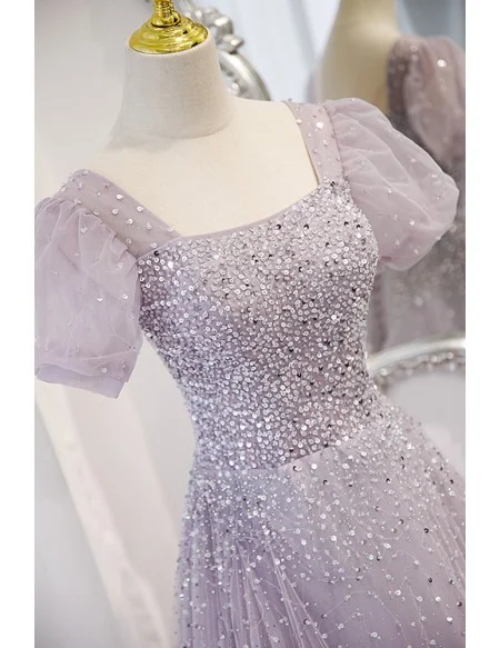 Purple Square Neck Sequined Tulle Prom Dress With Bling Short Sleeves