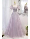 Purple Square Neck Sequined Tulle Prom Dress With Bling Short Sleeves