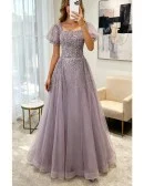 Purple Square Neck Sequined Tulle Prom Dress With Bling Short Sleeves