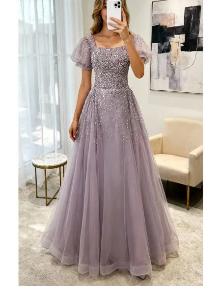 Purple Square Neck Sequined Tulle Prom Dress With Bling Short Sleeves