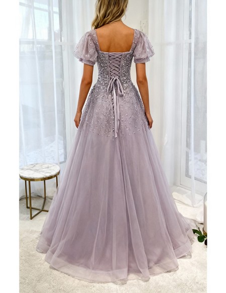 Purple Square Neck Sequined Tulle Prom Dress With Bling Short Sleeves