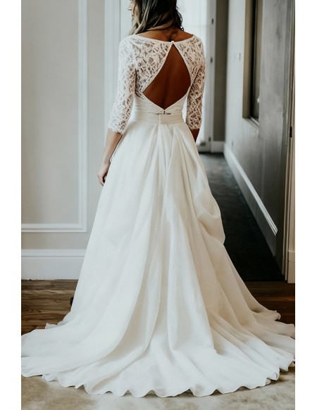 Elegant Two Piece White Wedding Dress With Lace Crop Top And A-Line Skirt