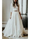 Elegant Two Piece White Wedding Dress With Lace Crop Top And A-Line Skirt
