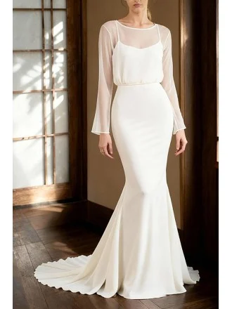 Graceful Long Sleeved Wedding Dress Mermaid Skirt And Chiffon Overlay Design