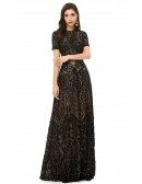 Modest Formal Long Black Sparkly Sequins Prom Dress With Short Sleeves