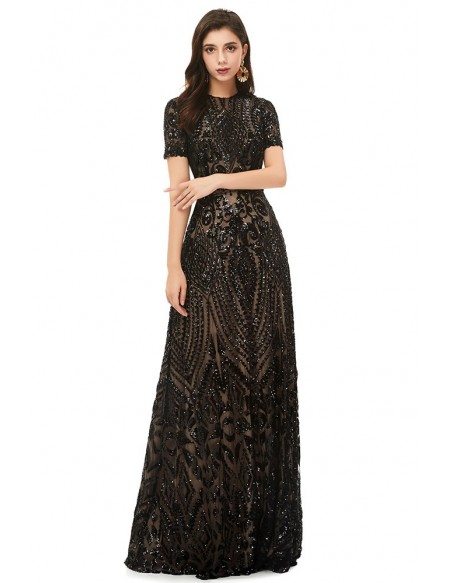 Modest Formal Long Black Sparkly Sequins Prom Dress With Short Sleeves