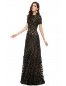 Modest Formal Long Black Sparkly Sequins Prom Dress With Short Sleeves