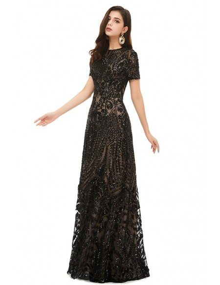Modest Formal Long Black Sparkly Sequins Prom Dress With Short Sleeves