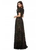 Modest Formal Long Black Sparkly Sequins Prom Dress With Short Sleeves