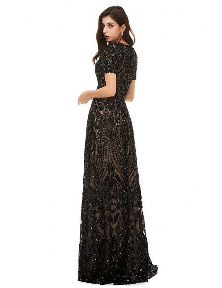 Modest Formal Long Black Sparkly Sequins Prom Dress With Short Sleeves