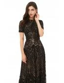 Modest Formal Long Black Sparkly Sequins Prom Dress With Short Sleeves