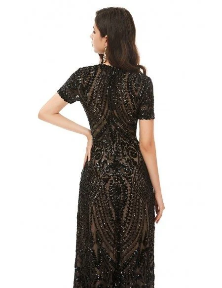 Modest Formal Long Black Sparkly Sequins Prom Dress With Short Sleeves